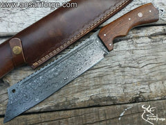 Rain Drop Damascus Jungle Knife - Hand-forged Damascus steel blade with raindrop pattern, rosewood handle, and leather sheath.