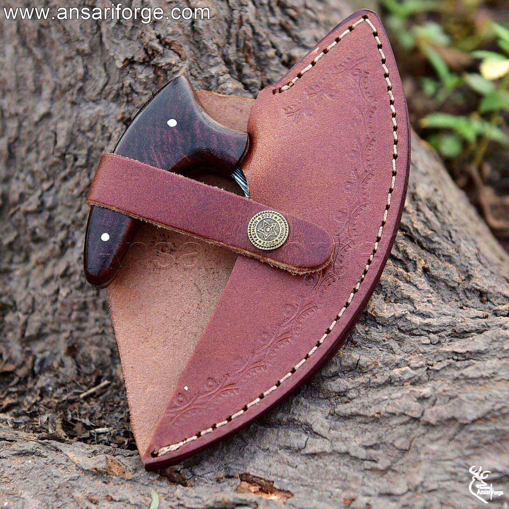 Handmade Damascus Ulu Knife in Leather Sheath.