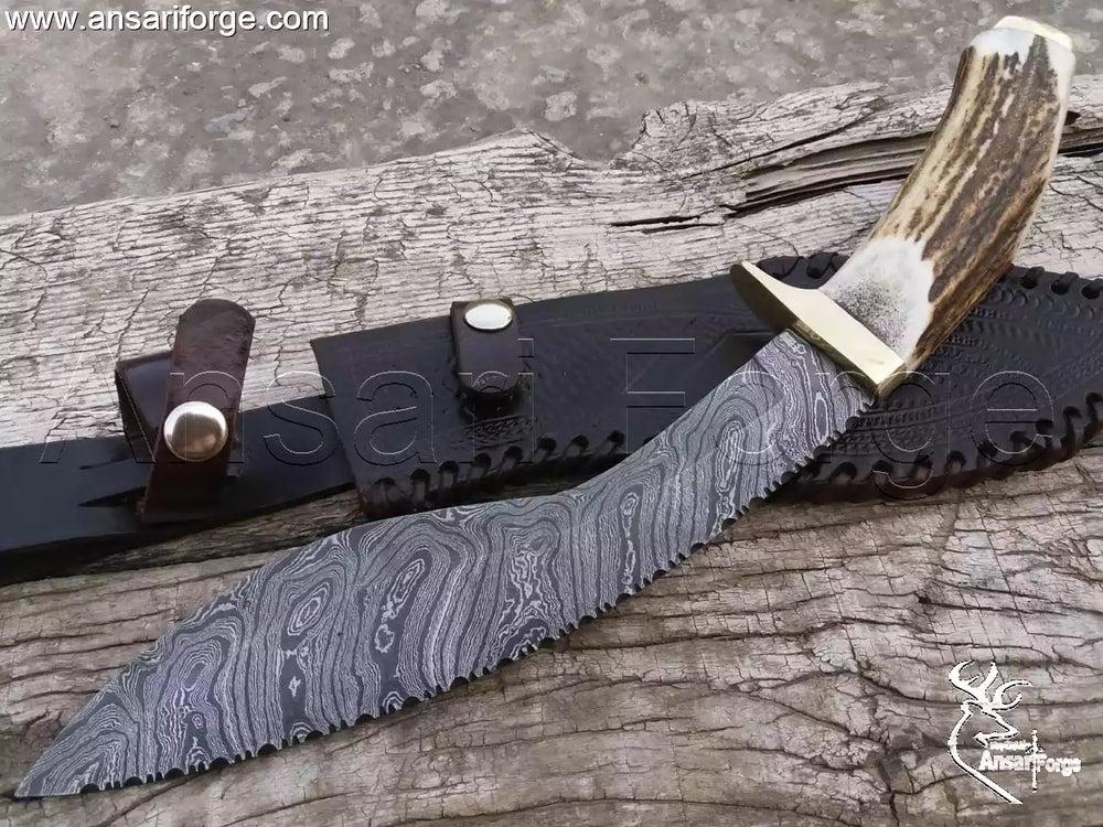 Detailed view of the Custom Kukri Knife Stag Antler handle with pure brass pommel and hilt. Small but powerful grip.