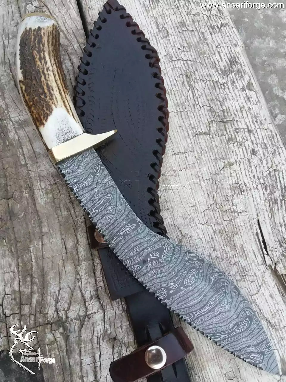 Close-up of the hand-forged 1095 High Carbon and 15N20 Damascus steel pattern on the Kukri Knife blade, showing 61 HRC finish.