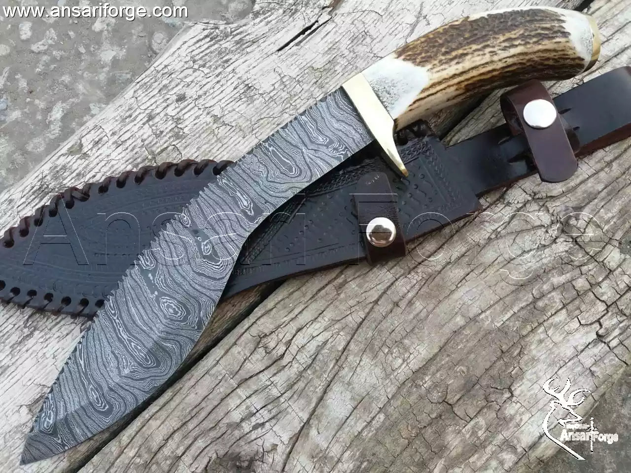 Best Kukri Knife For Sale: Original Damascus Kukri Knife With Sheath. Full view showing Stag Antler handle and Nepali curved blade.