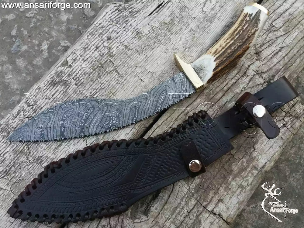 Best Kukri Knife For Sale: Original Damascus Kukri Knife With Sheath. Full view showing Stag Antler handle and Nepali curved blade.