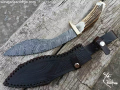 Best Kukri Knife For Sale: Original Damascus Kukri Knife With Sheath. Full view showing Stag Antler handle and Nepali curved blade.