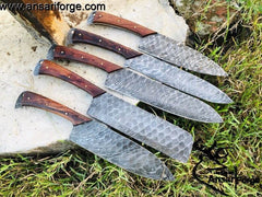 Real Damascus Kitchen Knife Set 5 Chef Knives With Roll Bag