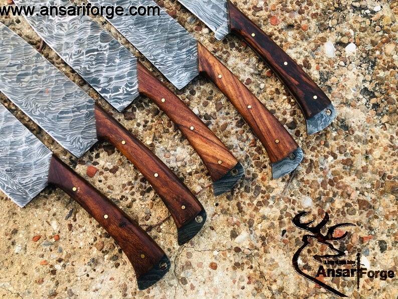 Real Damascus Kitchen Knife Set 5 Chef Knives With Roll Bag