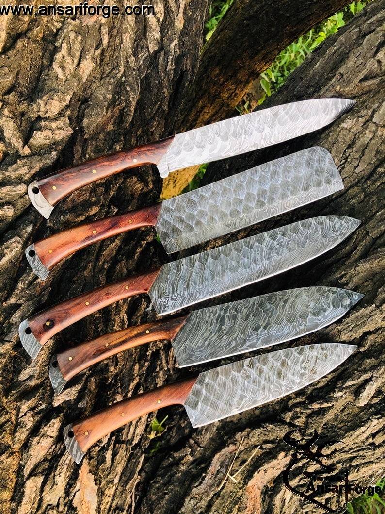 Real Damascus Kitchen Knife Set 5 Chef Knives With Roll Bag