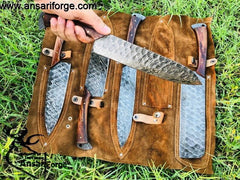 Real Damascus Kitchen Knife Set 5 Chef Knives With Roll Bag