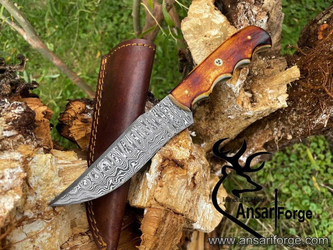 Damascus knife handmade hunting knife bone handle