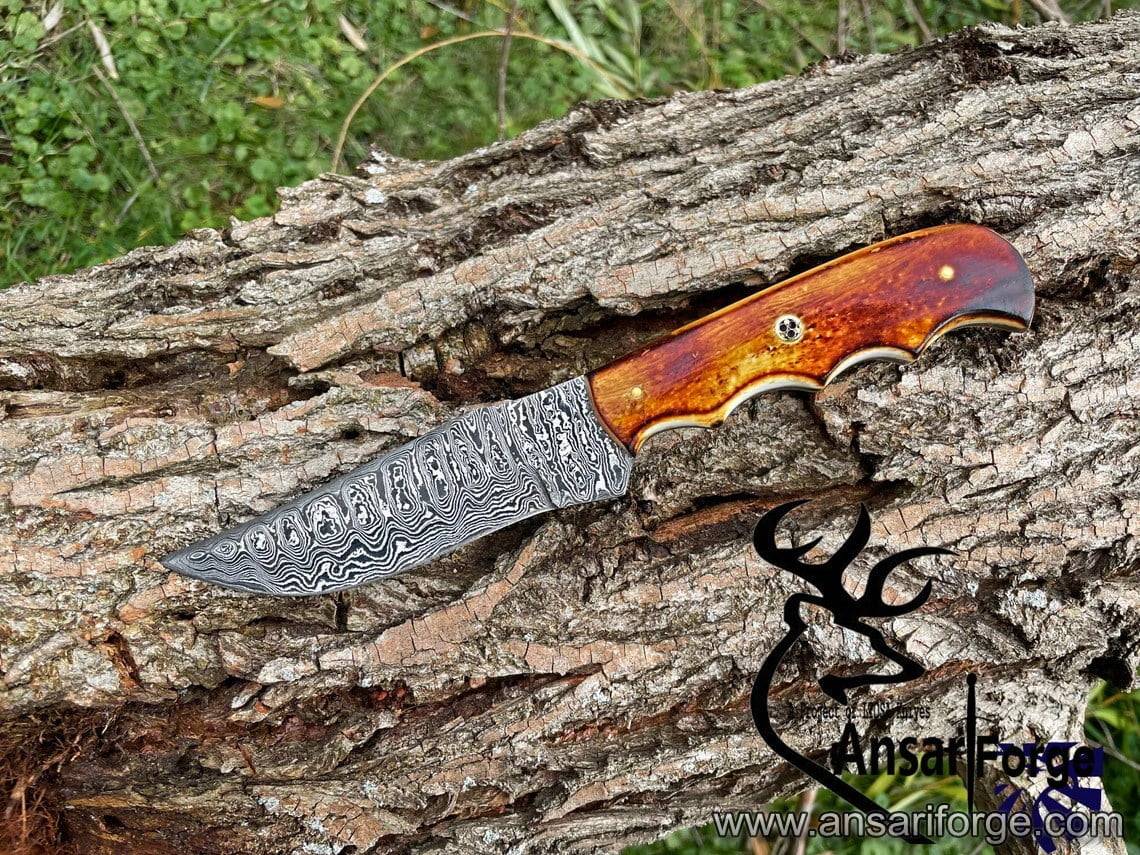 Damascus knife handmade hunting knife bone handle