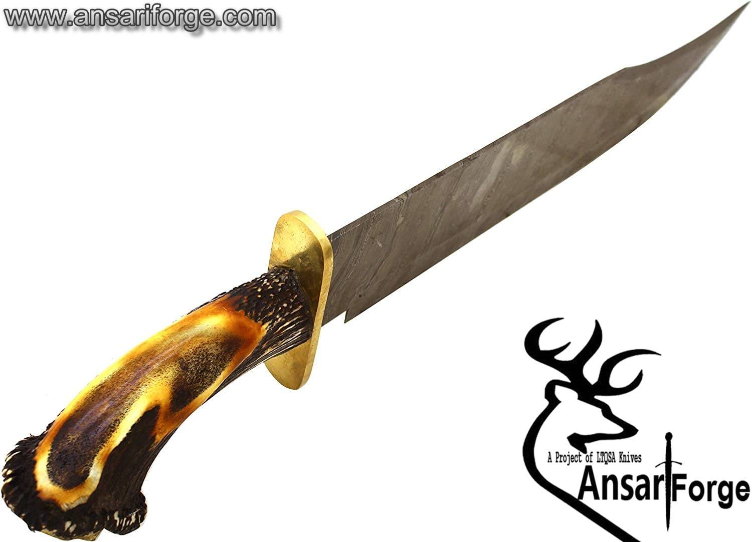 Handmade Damascus Steel Hunting Bowie Knife Stag Horn Handle Brass Guard With Leather Sheath