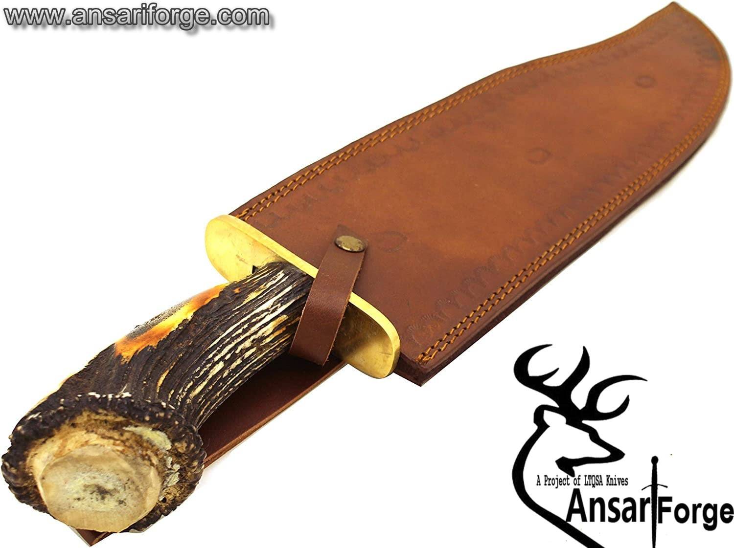 Handmade Damascus Steel Hunting Bowie Knife Stag Horn Handle Brass Guard With Leather Sheath
