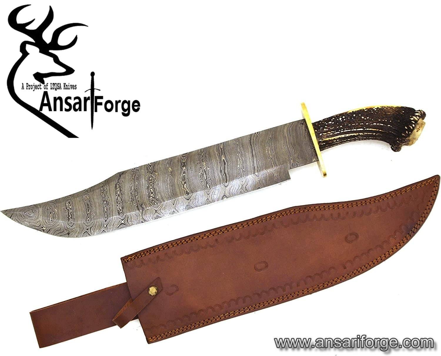 Handmade Damascus Steel Hunting Bowie Knife Stag Horn Handle Brass Guard With Leather Sheath