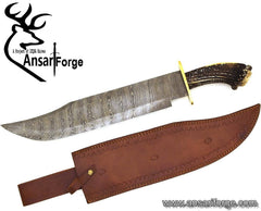 Handmade Damascus Steel Hunting Bowie Knife Stag Horn Handle Brass Guard With Leather Sheath