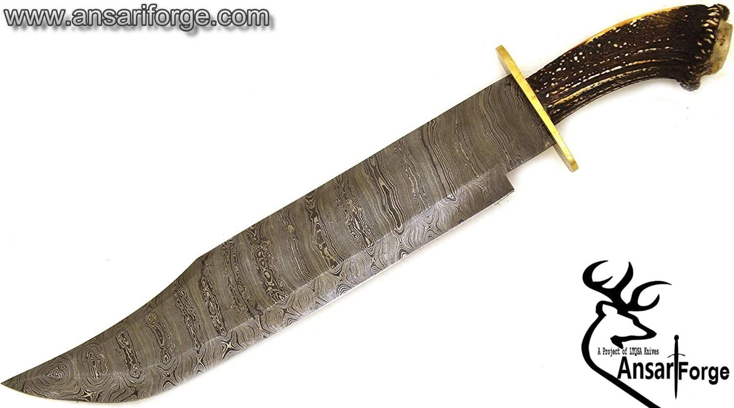 Handmade Damascus Steel Hunting Bowie Knife Stag Horn Handle Brass Guard With Leather Sheath