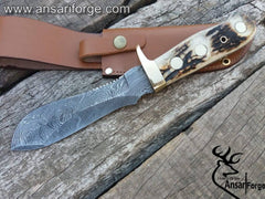 White Deer Antler Handle Real Damascus Knife