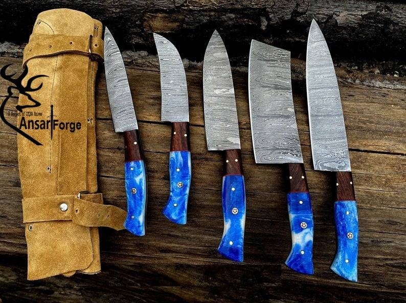 5 pcs Damascus steel custom handmade kitchen knives set chef set