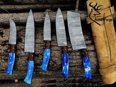 5 pcs Damascus steel custom handmade kitchen knives set chef set