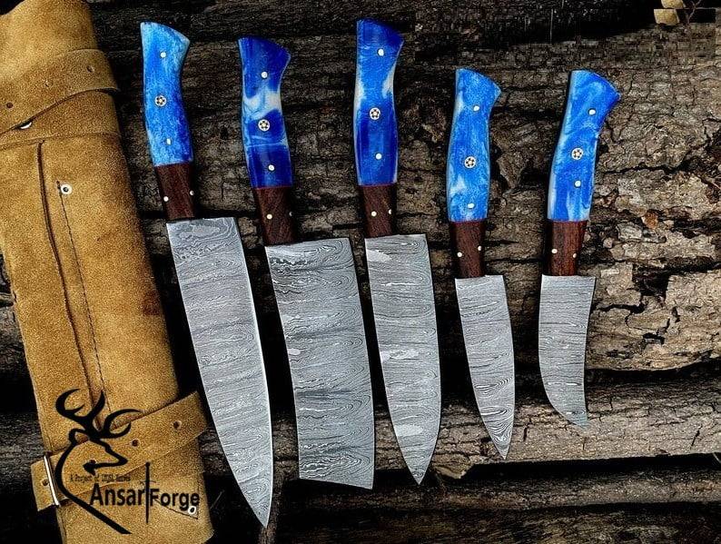 5 pcs Damascus steel custom handmade kitchen knives set chef set