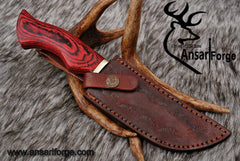 Damascus Hunting Knife by Ansari Forge with Red Pakka Wood Handle and Genuine Leather Sheath