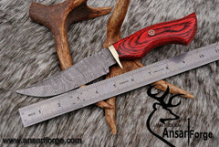 Damascus Hunting Knife by Ansari Forge with Red Pakka Wood Handle and Genuine Leather Sheath