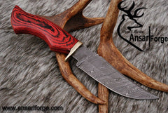 Damascus Hunting Knife by Ansari Forge with Red Pakka Wood Handle and Genuine Leather Sheath