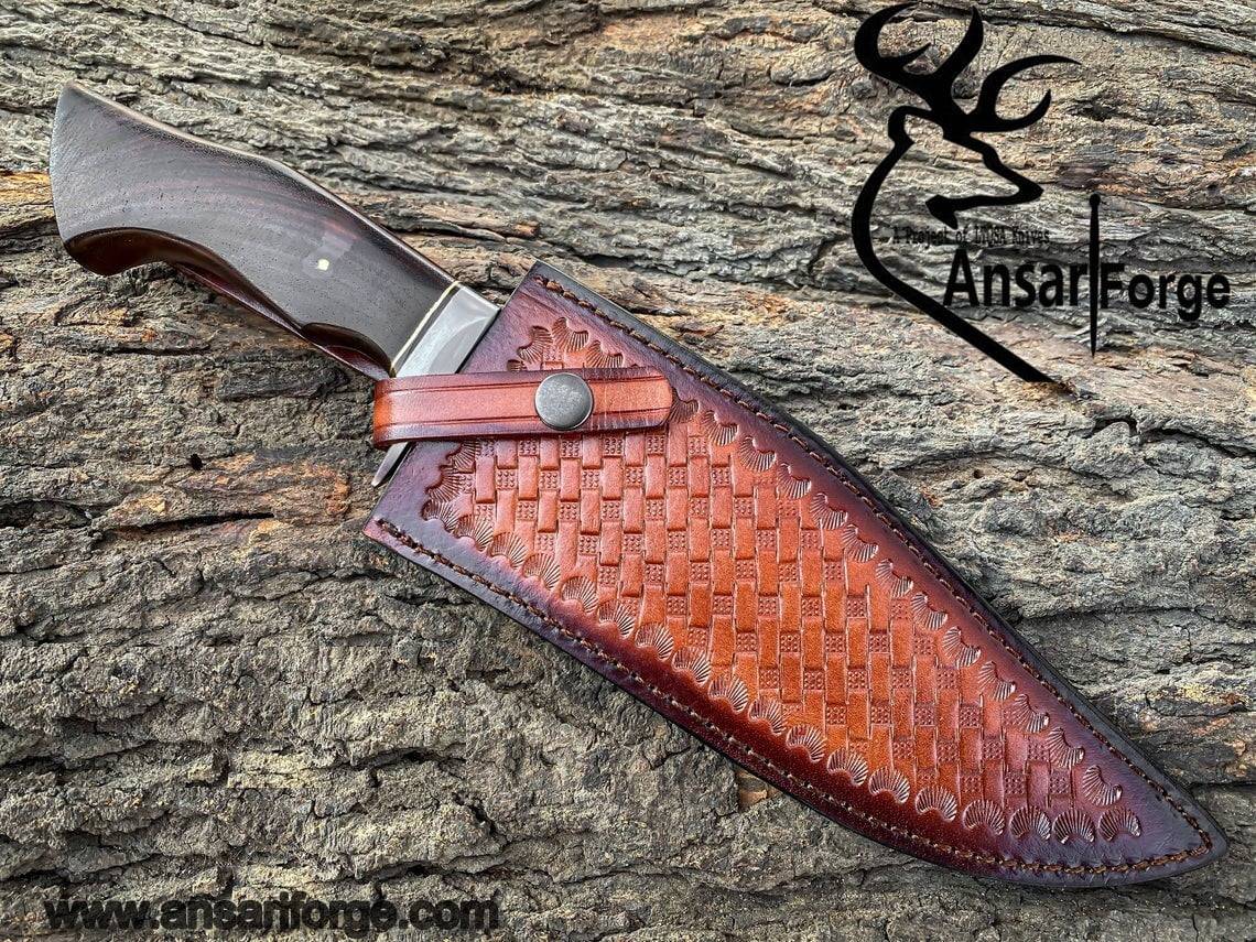 Handmade Hunting Bowie Knife displayed with its genuine cowhide leather sheath, highlighting the knife's elegant design and protective features.
