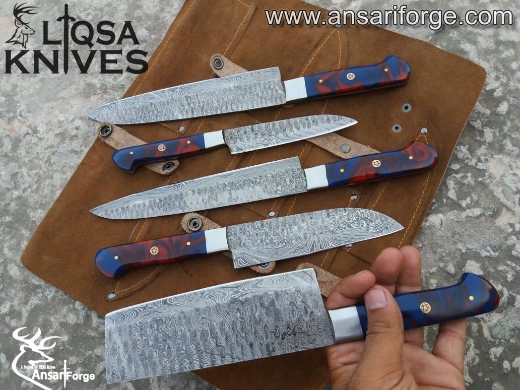 Handmade Damascus Chef Knife Set With Roll Bag