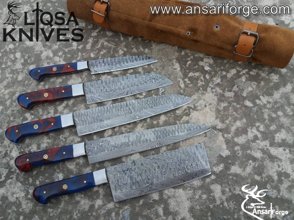 Damascus Chef Knife Set With Roll Bag