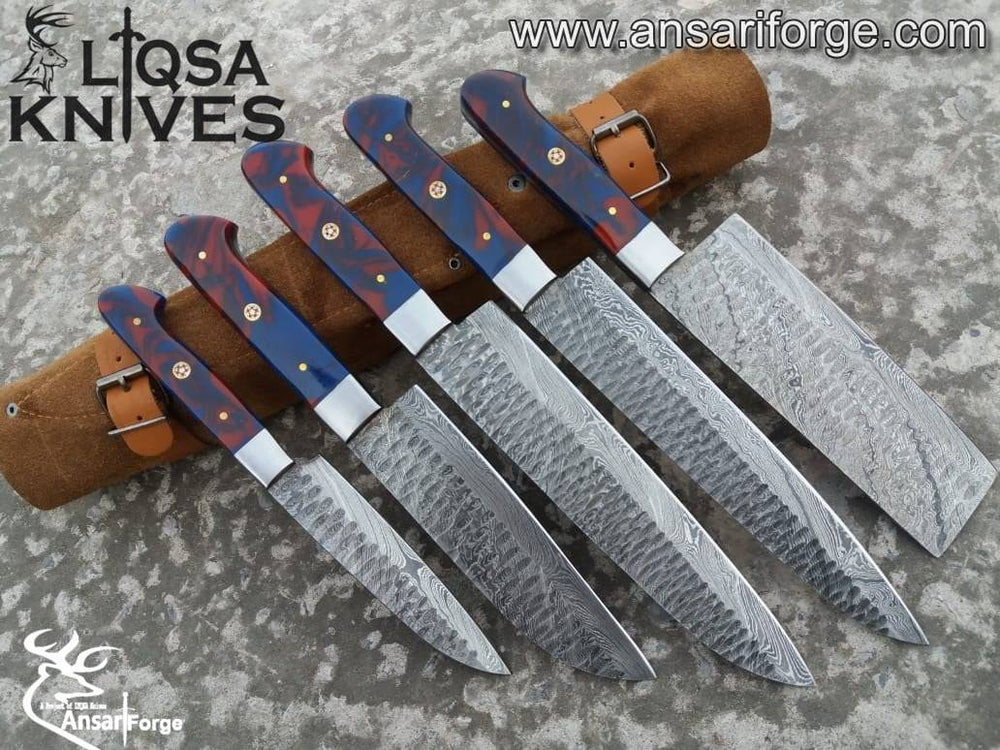 Damascus Chef Knife Set 5 Handmade Knives With Roll Bag.