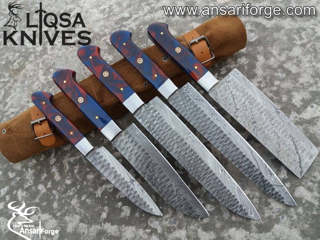 Damascus Chef Knife Set 5 Handmade Knives With Roll Bag.