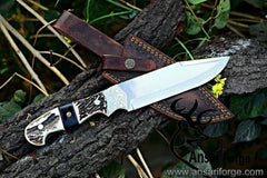 Ansari Forge fixed blade hunting knife with D2 steel blade and stag handle
