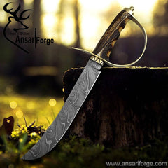 Damascus steel D-guard Bowie hunting knife