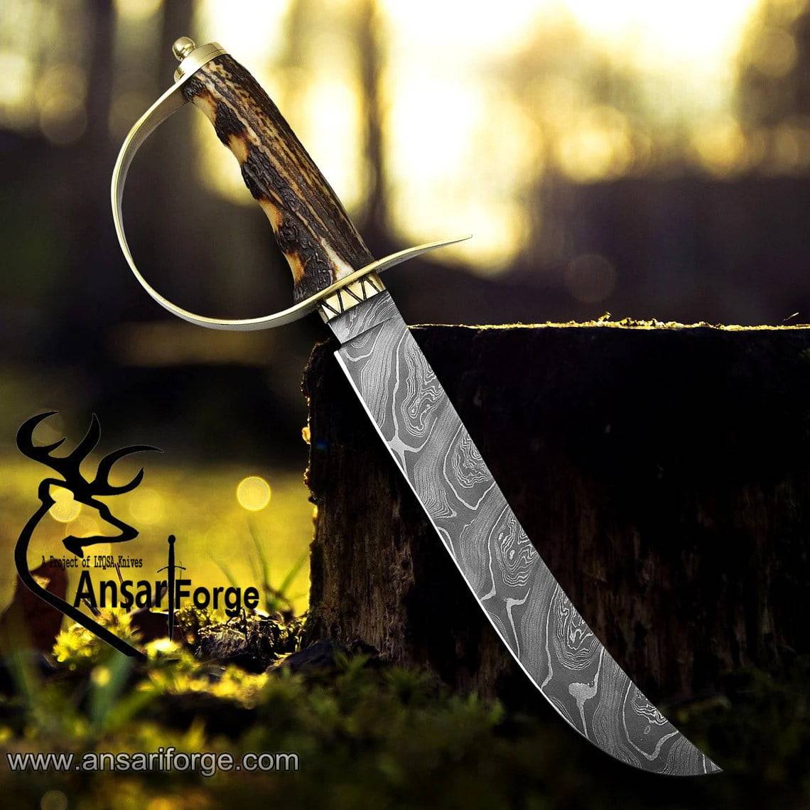 Damascus steel D-guard Bowie hunting knife