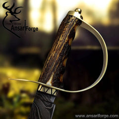 Damascus steel D-guard Bowie hunting knife