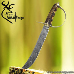 Damascus steel D-guard Bowie hunting knife