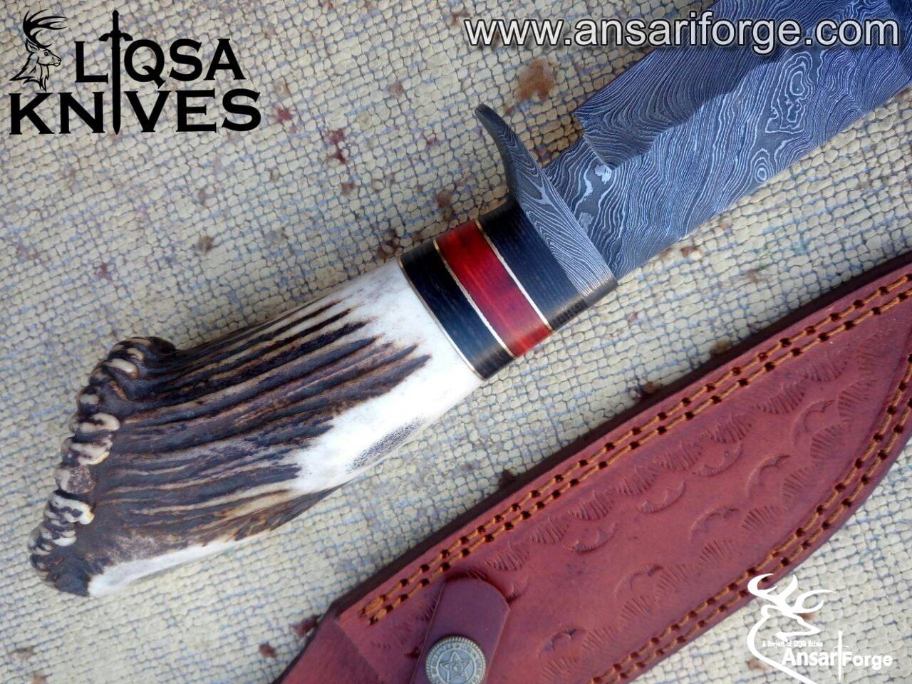Damascus steel stag antler handle hunting knife