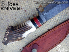 Damascus steel stag antler handle hunting knife