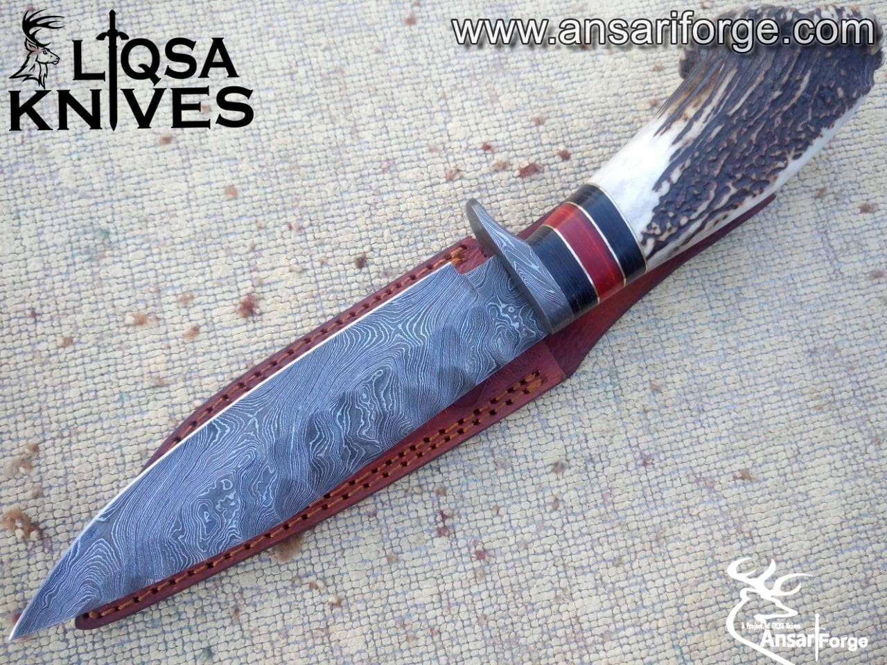 Damascus steel stag antler handle hunting knife