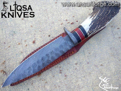 Damascus steel stag antler handle hunting knife
