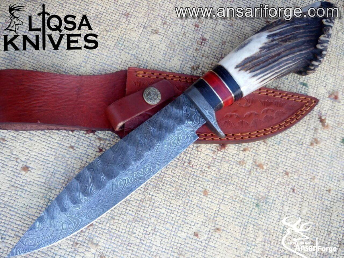 Damascus steel stag antler handle hunting knife