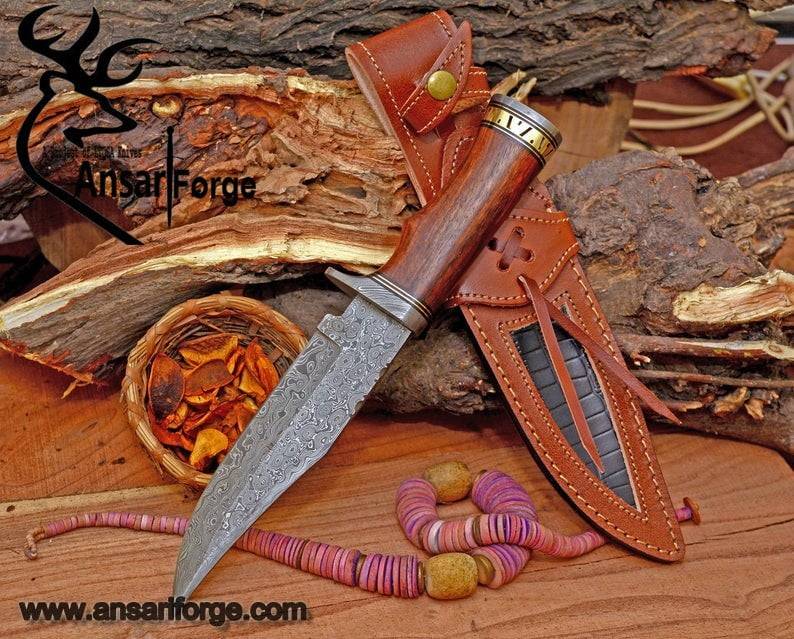 Handmade Damascus knife with a matching cow leather sheath.