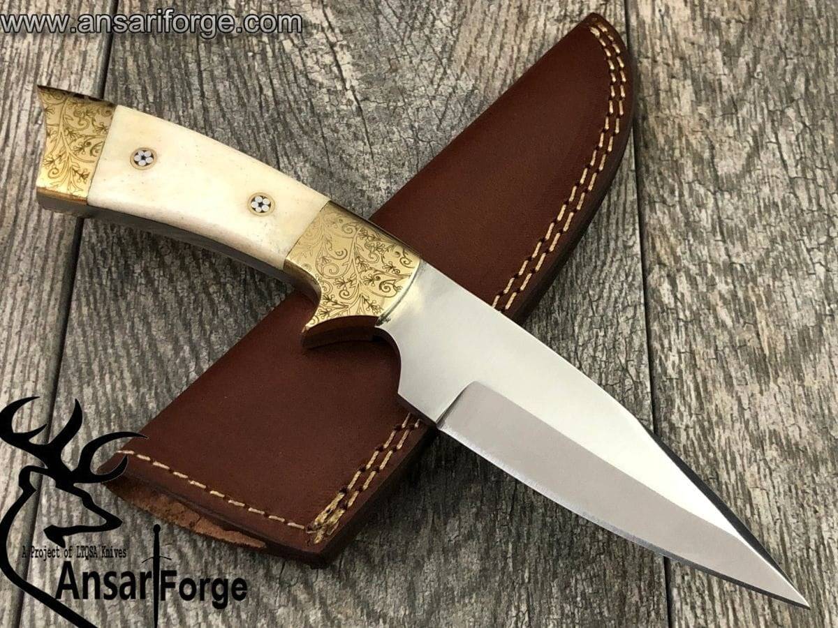 D2 handmade hunting knife with brass engraved bolsters