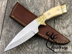 D2 handmade hunting knife with brass engraved bolsters