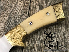 D2 handmade hunting knife with brass engraved bolsters