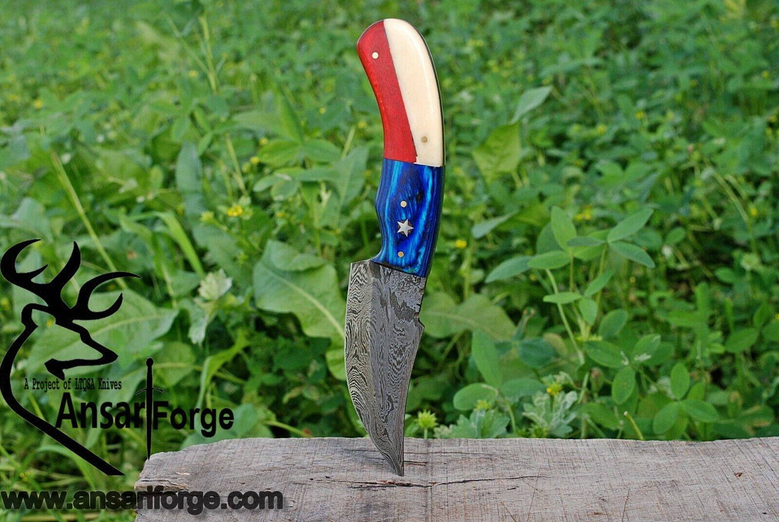 Damascus steel custom handmade clip point Skinner/hunting knife with Texas USA flag