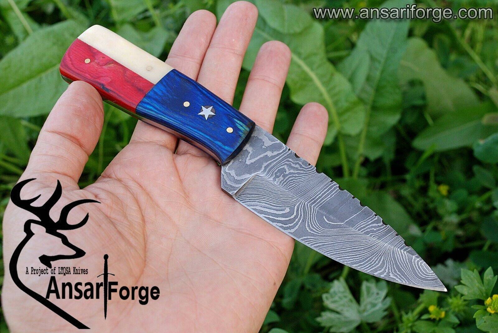 Damascus steel hunting knife Skinning knife Texas flag handle
