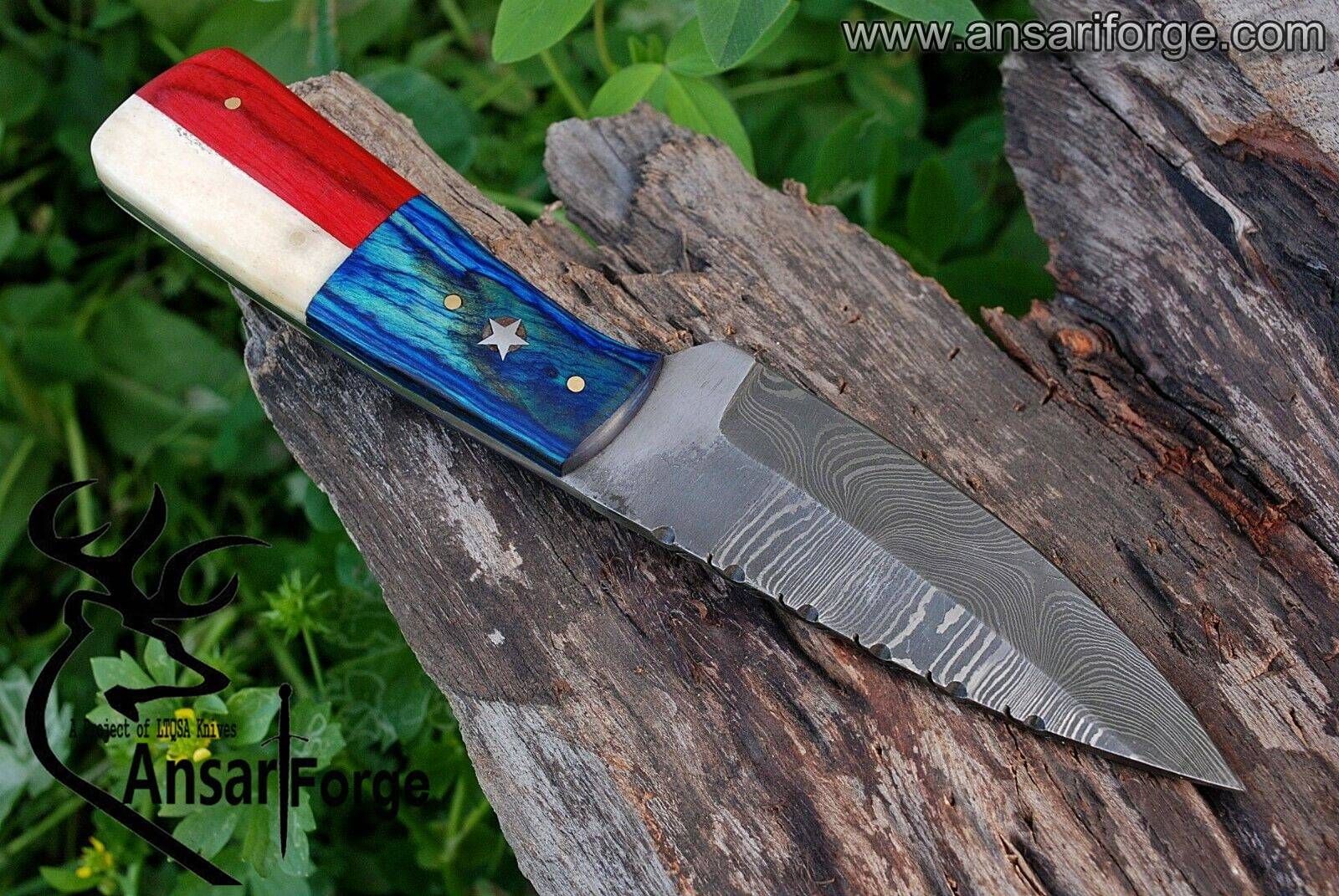 Damascus steel hunting knife Skinning knife Texas flag handle