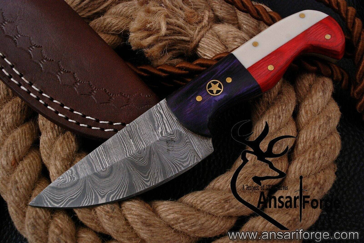 Damascus steel beautiful handmade Skinner Knife Texas Flag handle