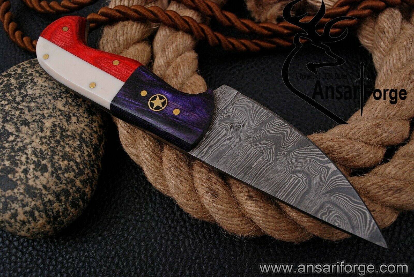 Damascus steel beautiful handmade Skinner Knife Texas Flag handle