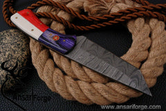 Damascus steel handmade tanto blade hunting knife Texas flag handle and free leather sheath